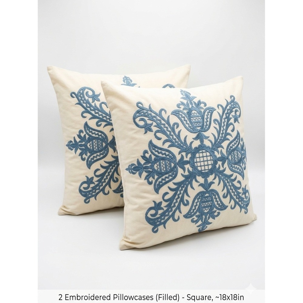 Pier 1 Imports Blue Embroidered Medallion Pineapple Pillowcases Set of 2‎ 18x18